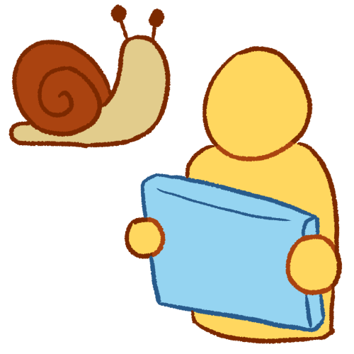  a drawing of a plain yellow person holding a large blue talker. there is a snail in the top left corner.